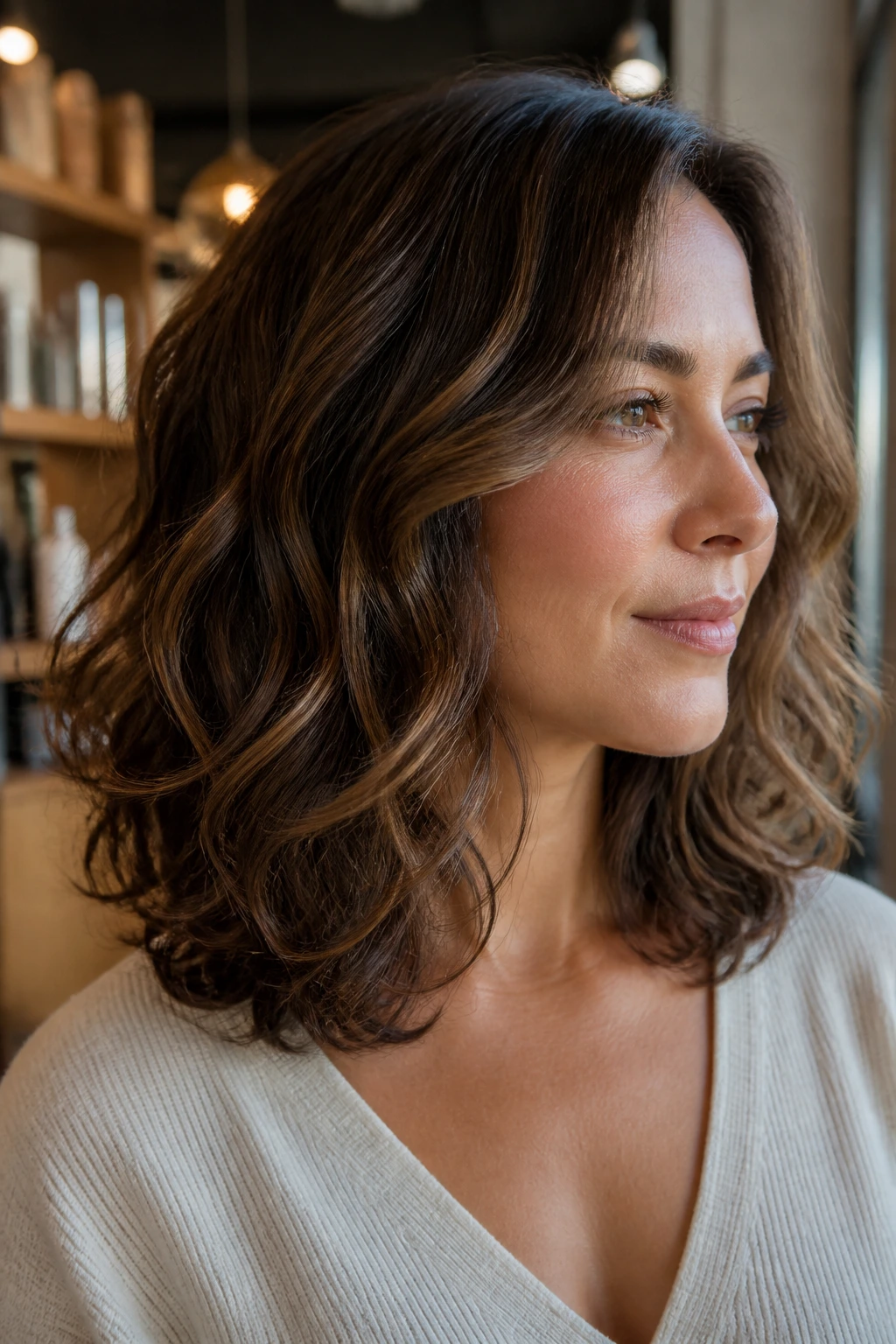 Real woman with a U-Shape Midlength Cut in a cozy salon, head-and-shoulders portrait