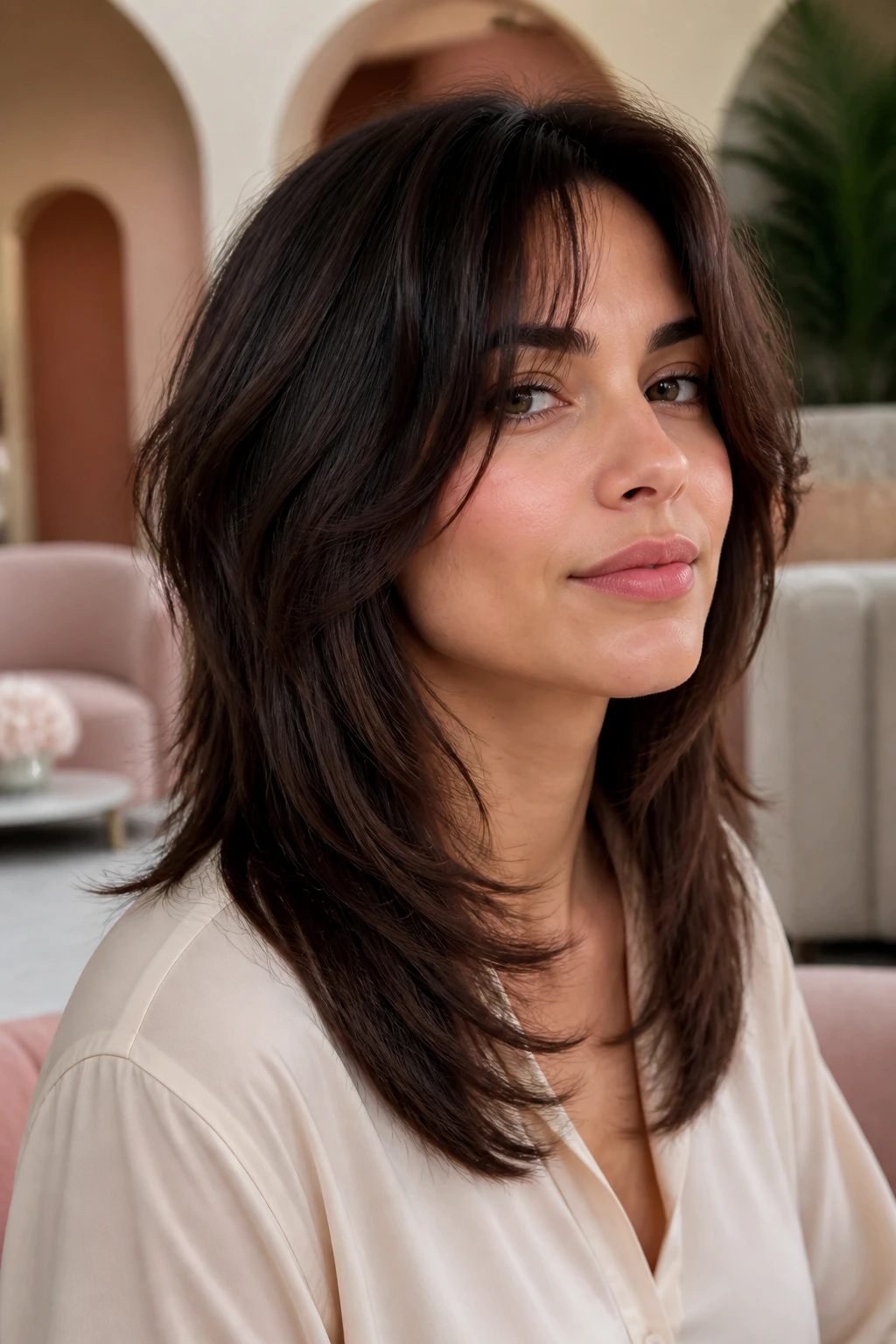 Close-up portrait of a real person with a soft perimeter U-shape shag