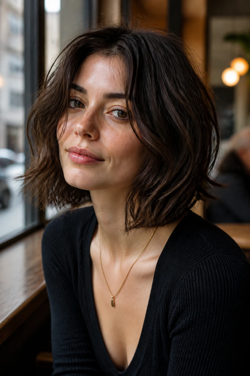 Portrait of woman with a soft U-shaped tousled bob and relaxed waves.