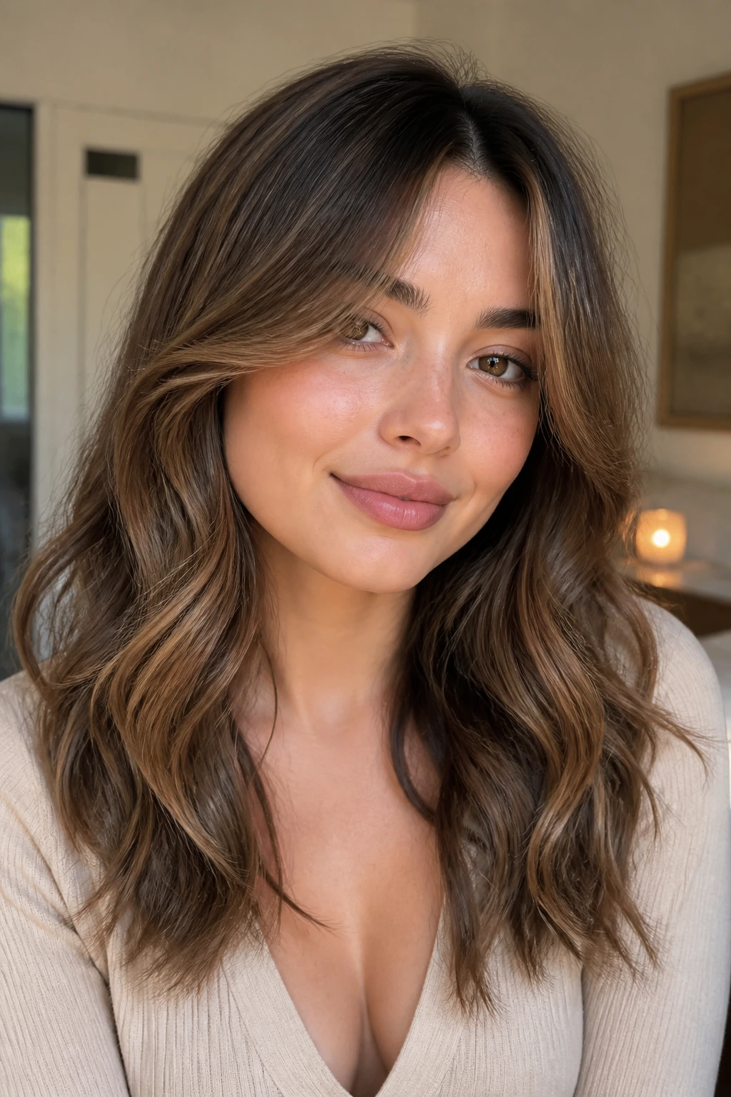 Portrait of a woman with U-shaped waves and long front pieces.
