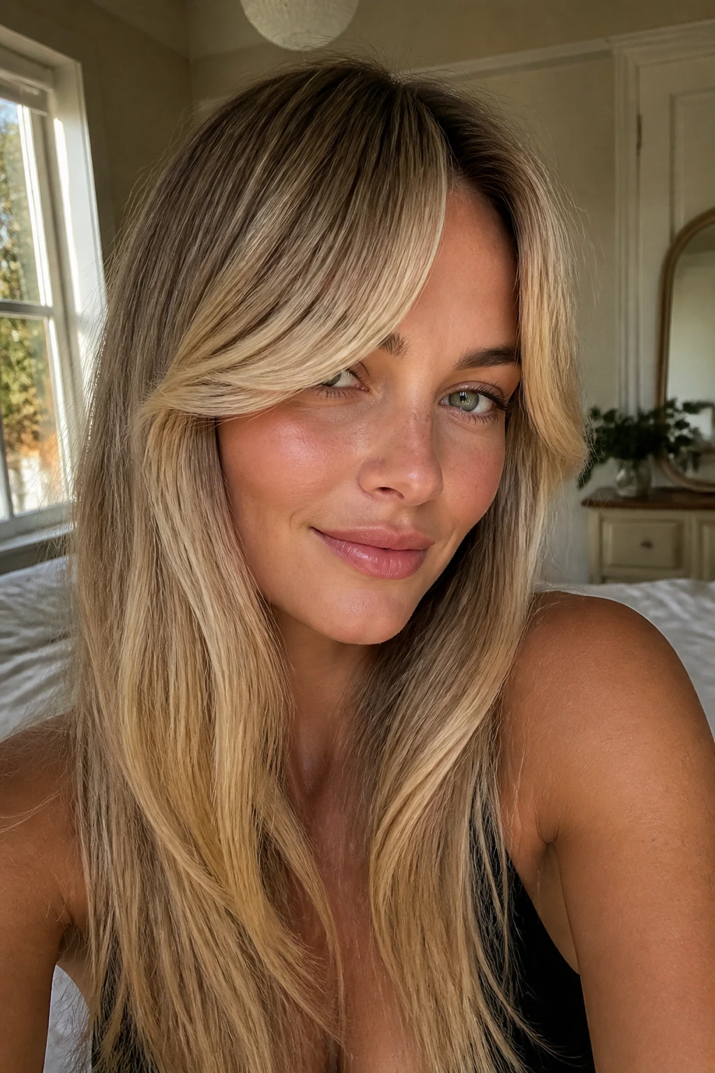 Close-up of a real woman with U-shaped bangs in honey blonde under warm window light