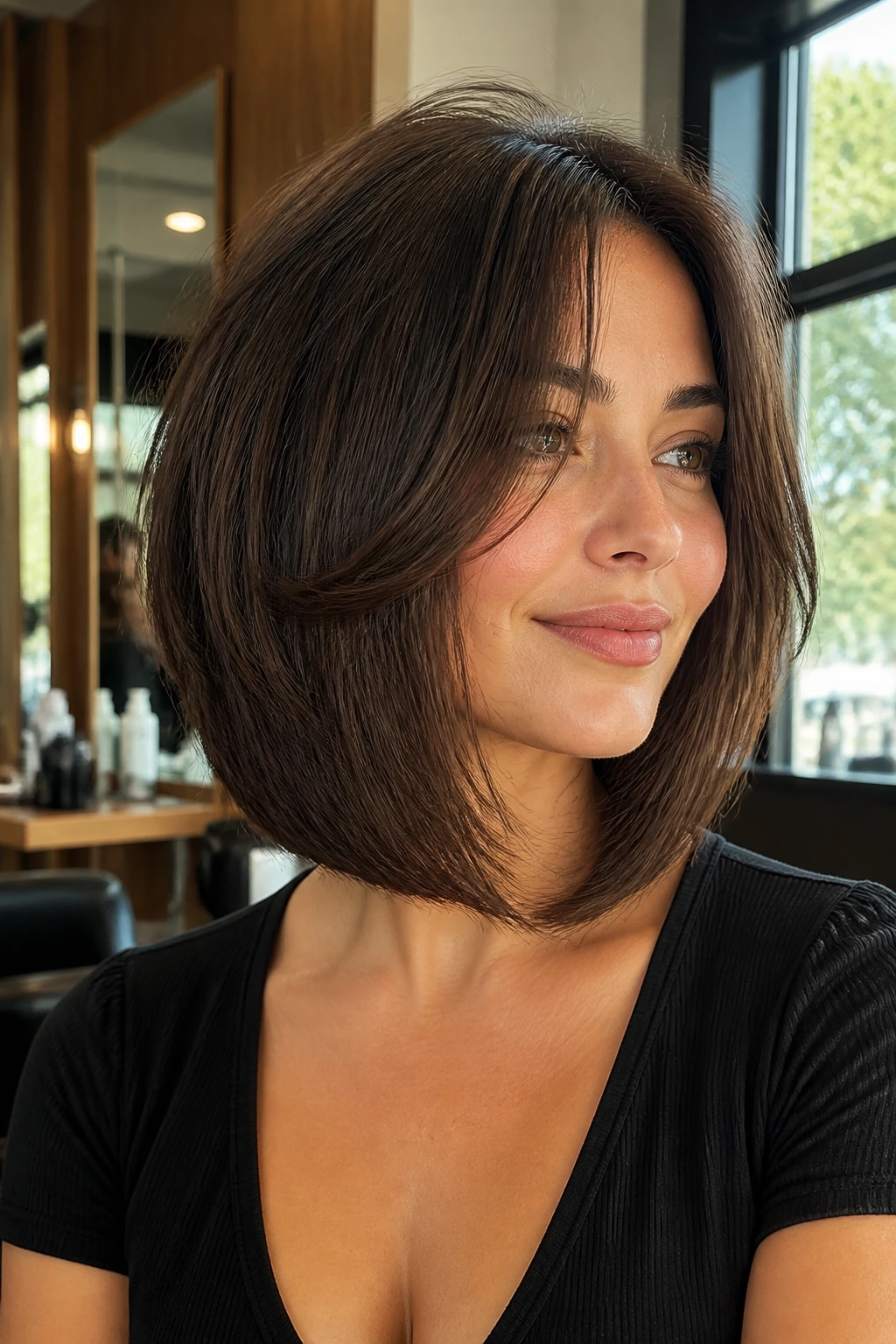 Close-up portrait of a real woman with a U-Shaped Bob with Face-Framing Pieces in a sunlit salon.