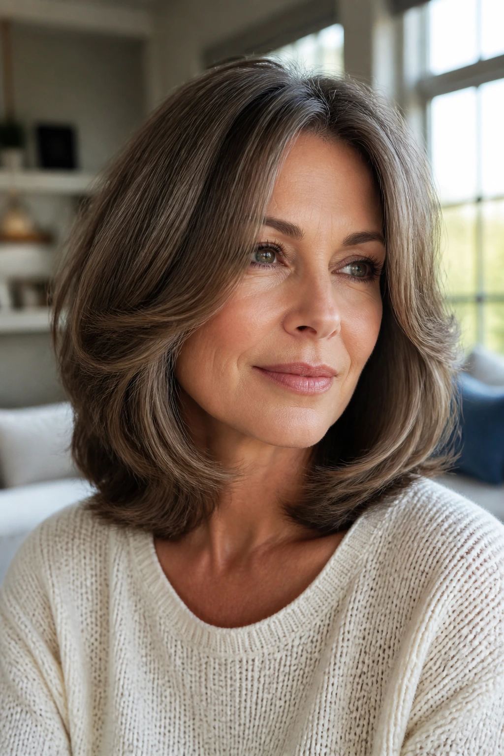 Close-up of a woman with a U-shaped bob and long flowing layers in bright interior lighting