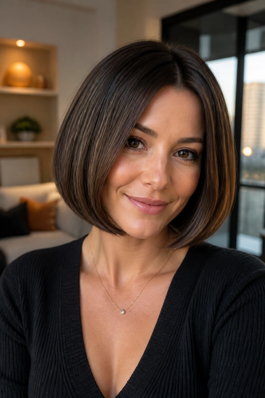 Real woman with a U-shaped bob and smoky brunette lowlights in a living room setting