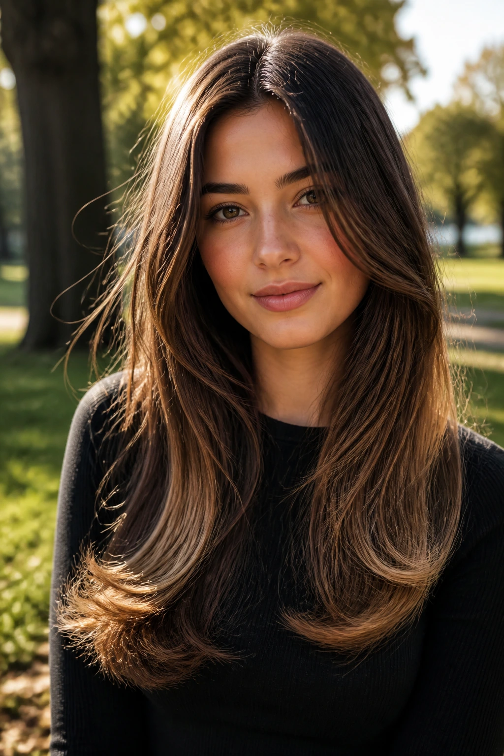 Close-up portrait of a real person with long hair showing a U-shaped caramel sweep.