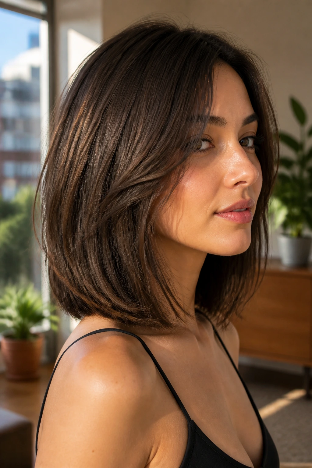Close-up of real woman with U-shaped clavicut lob