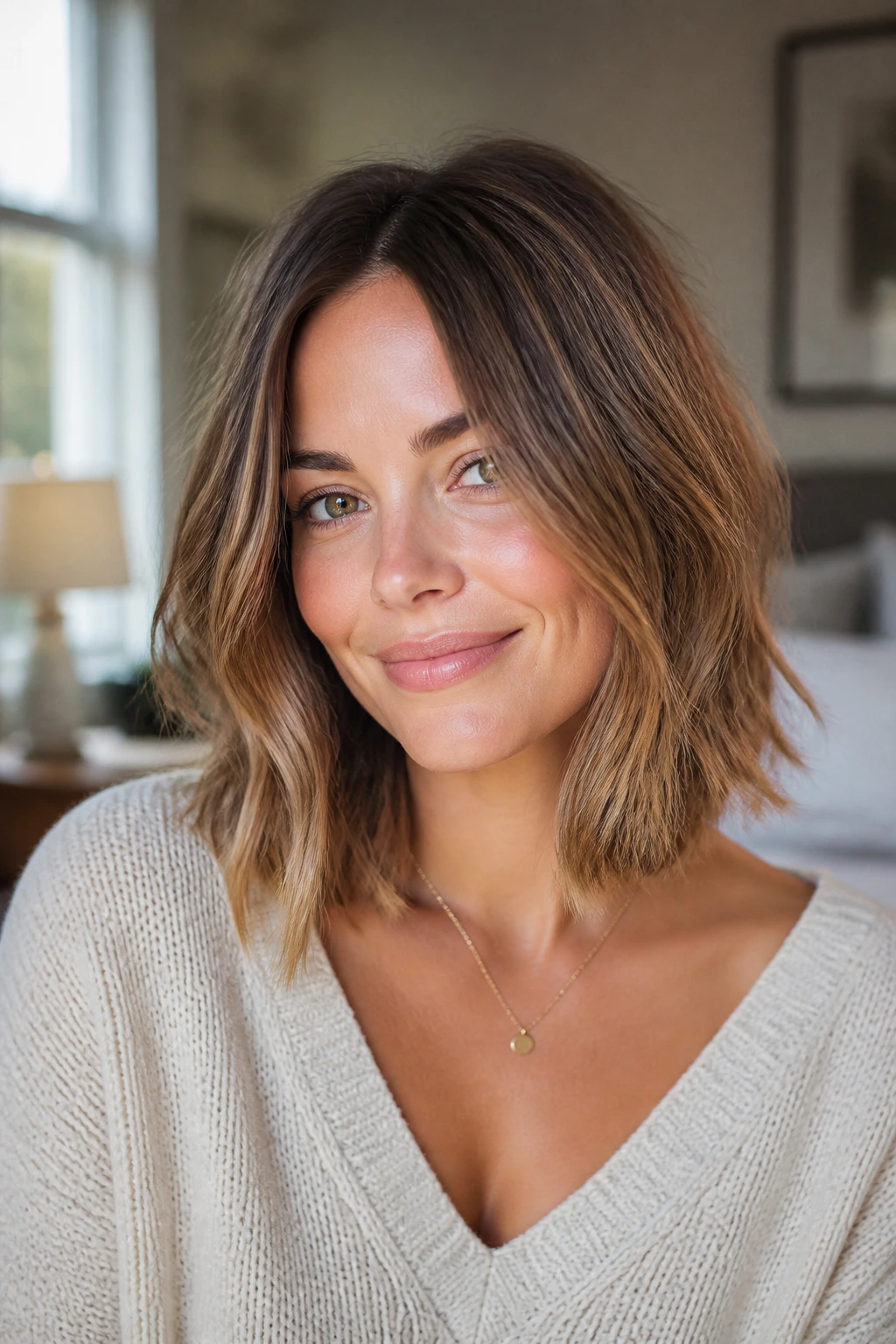 Close-up portrait of a real woman with a U-shaped collarbone lob haircut