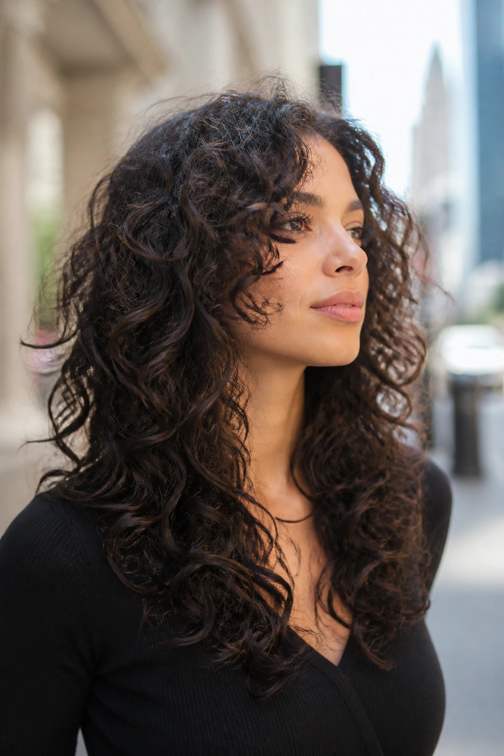 Close-up of a real woman with U-shaped curly cut and long interior layers