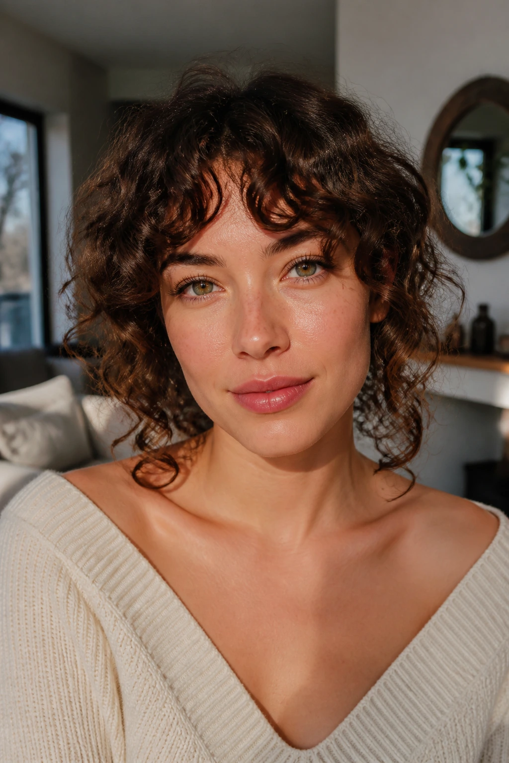 Close-up portrait of a real person with U-shaped curly bangs