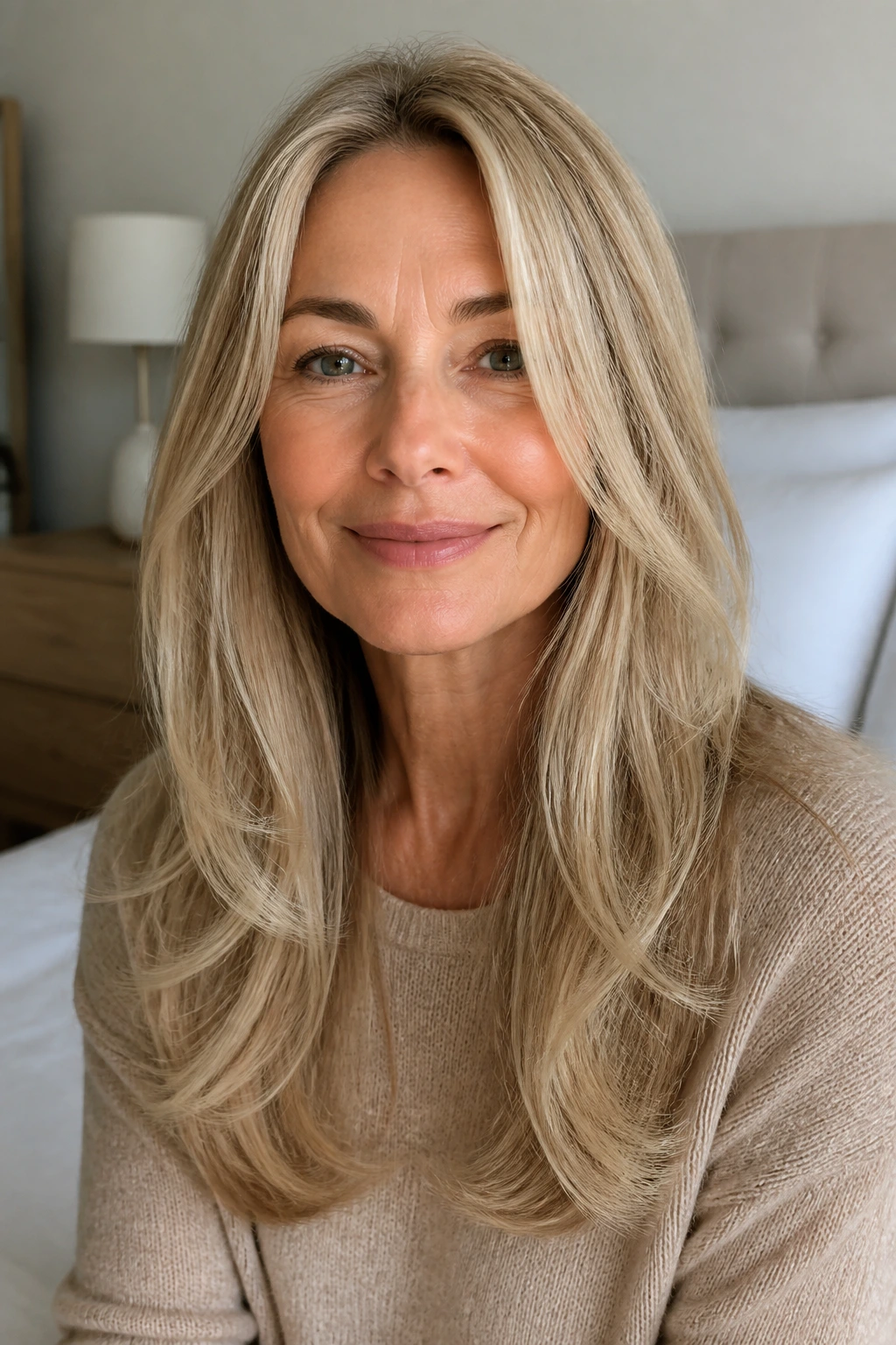 Close-up of a real woman showing a U-shaped cut with airy ends on long blonde hair