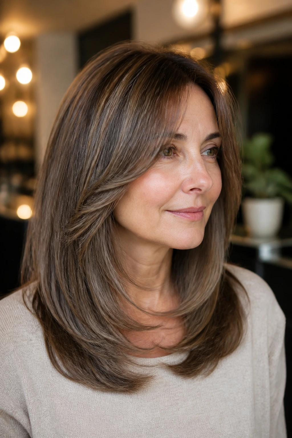 Close-up of a real woman with a U-shaped cut and ash brown panels.