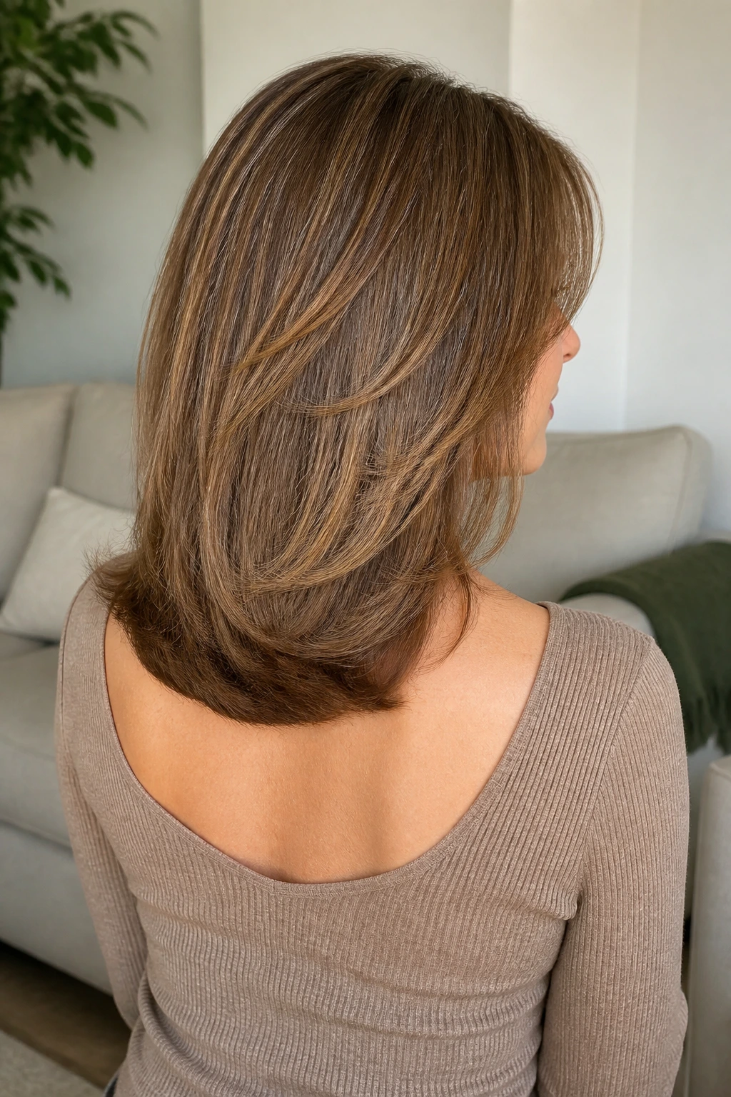 Back view of a woman with U-shaped cut keeping the back dense and full.