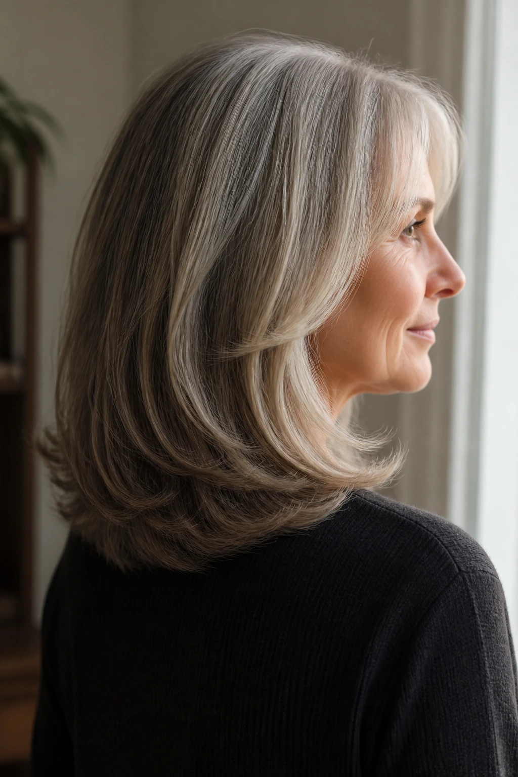 Profile portrait of a woman with a U-shaped back-length haircut