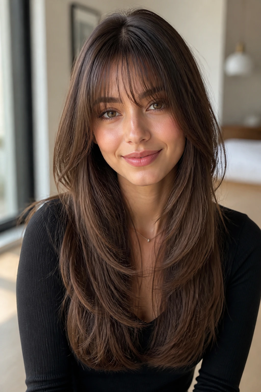 Close-up portrait of a real woman with U-shaped cut and whisper bangs