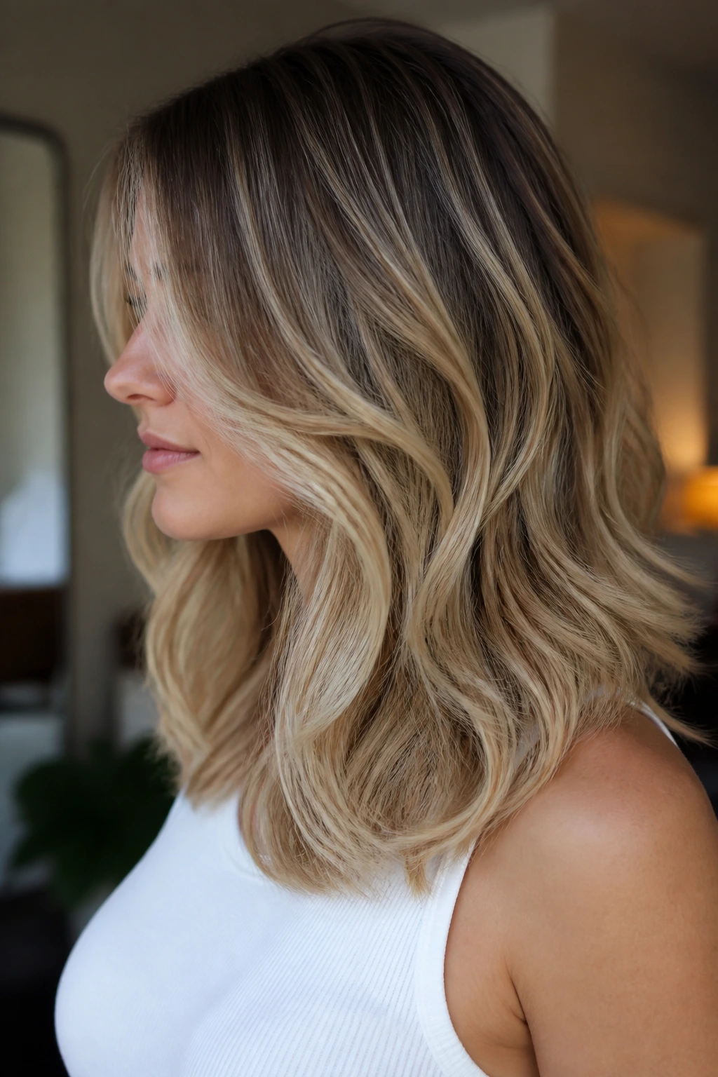 Profile of a woman with a U-shaped cut and brushed-out waves