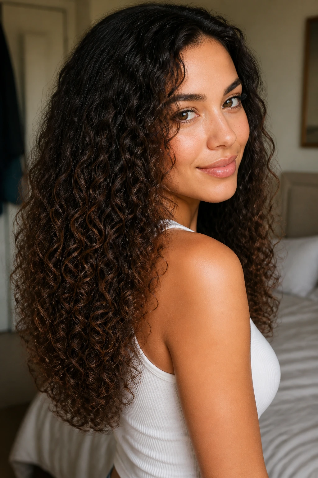 Portrait of a woman with a soft U-shaped curl haircut