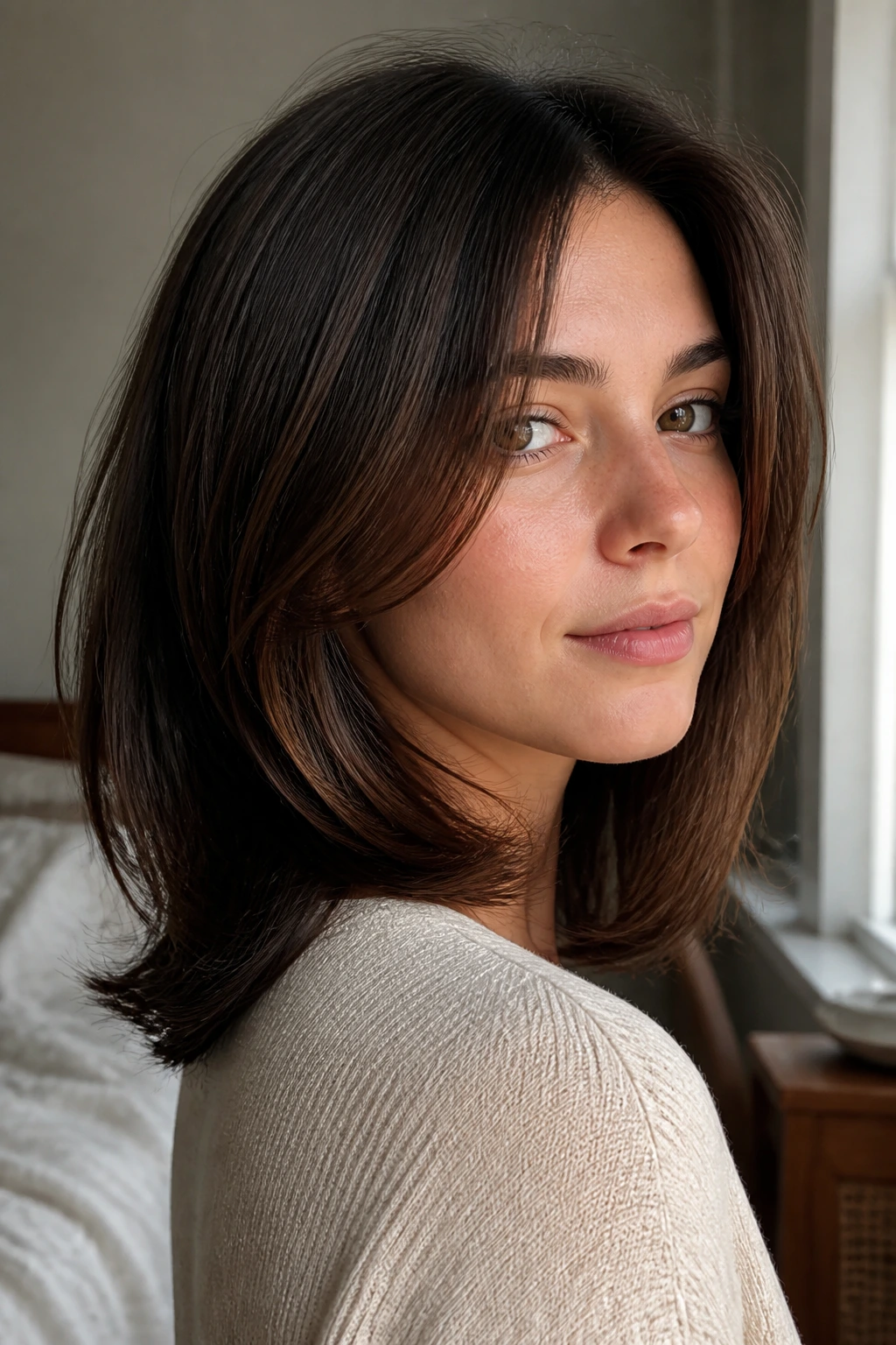 Close-up portrait of a real woman with a U-Shaped Medium Cut, showing the soft back curve and gentle front movement