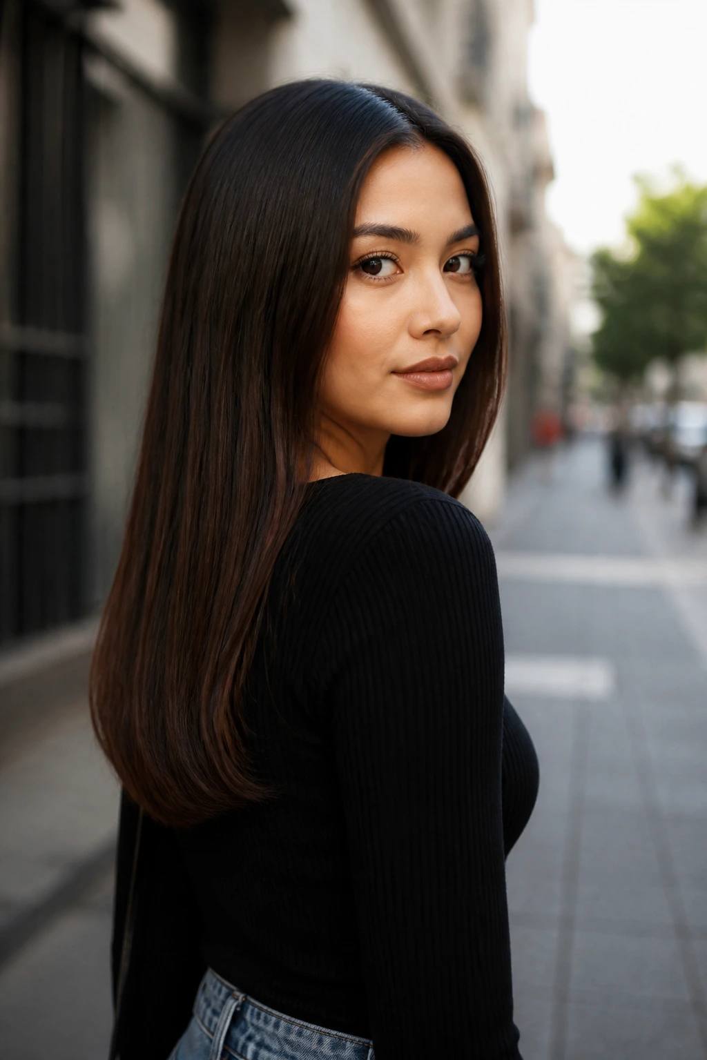 Three-quarter portrait of a real woman with a subtle U-shaped straight cut