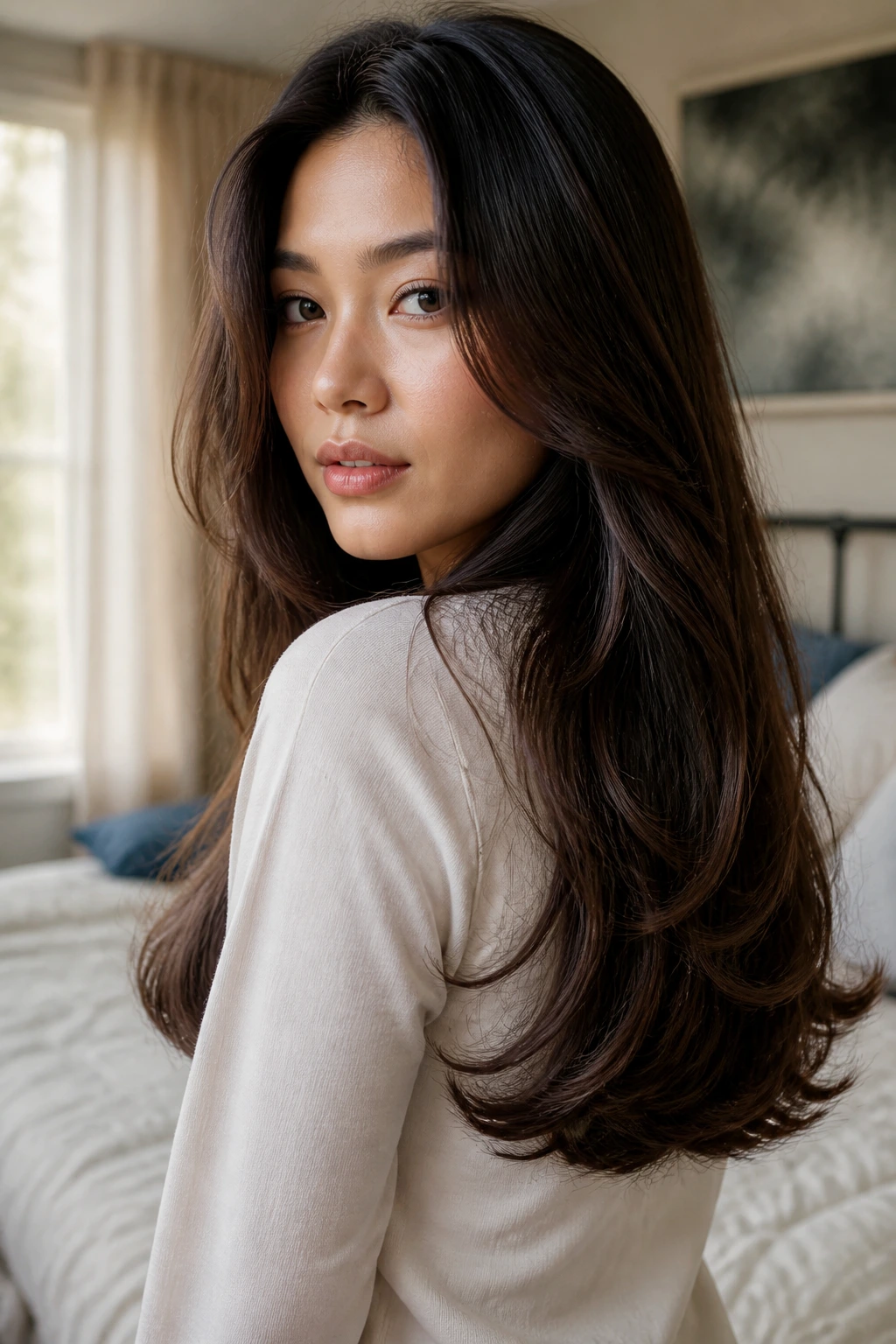Close-up portrait of a real woman with a soft, rounded U-shaped hair cut at the back, natural lighting.
