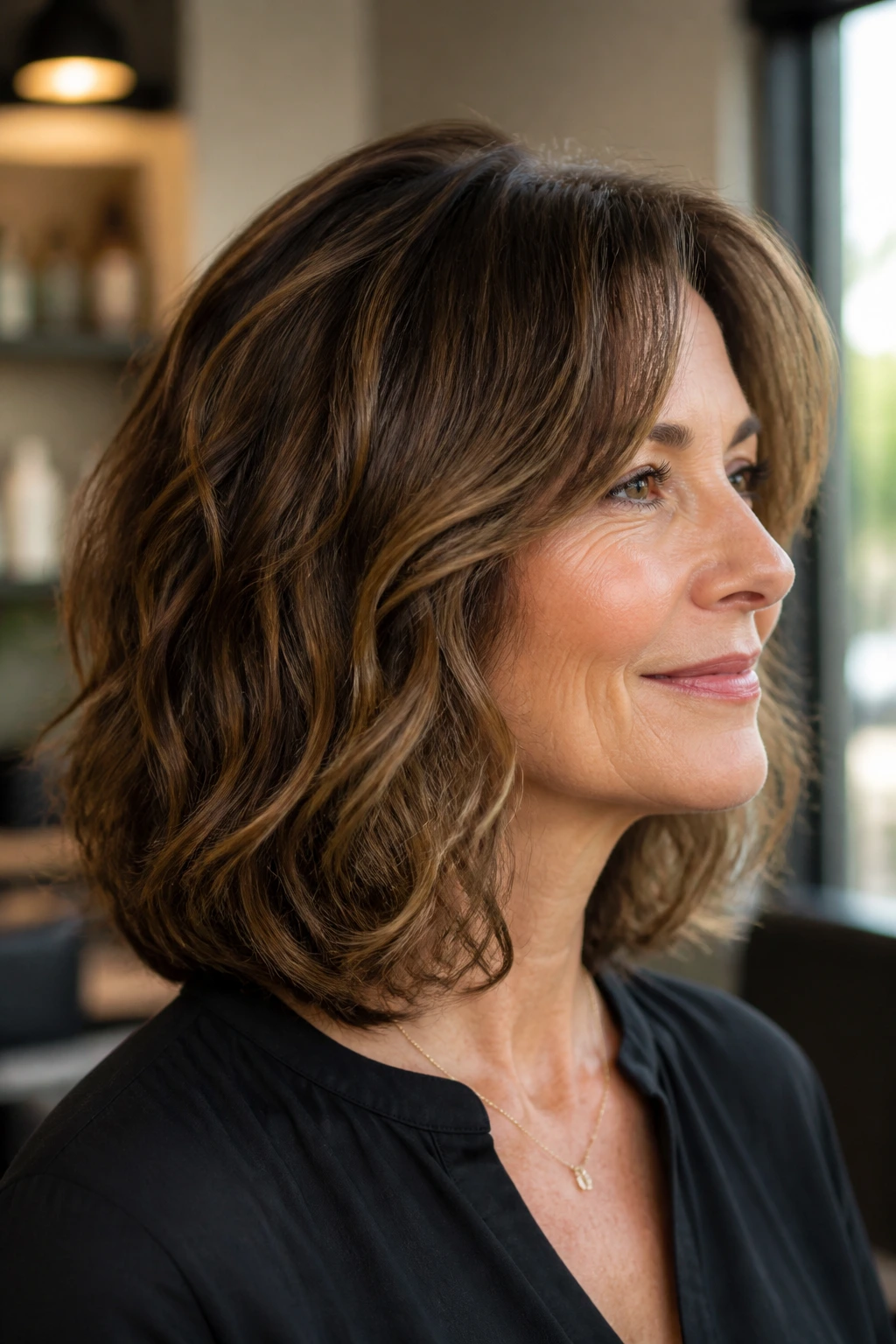 Close-up of a real woman with a U-shaped shoulder-length cut and fuller back hair