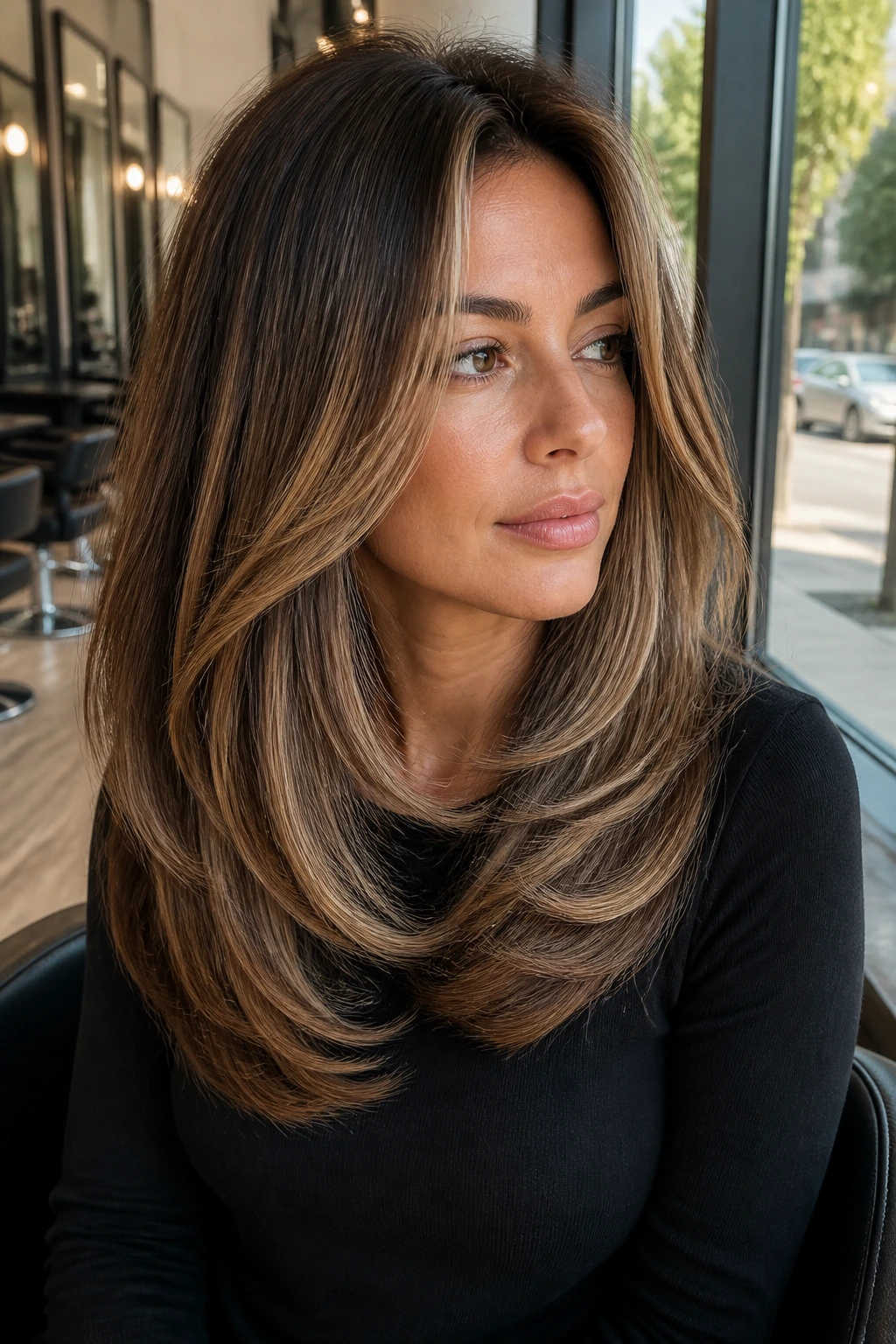 Close-up portrait of a real woman with a U-Shaped Cut and ribbon babylights