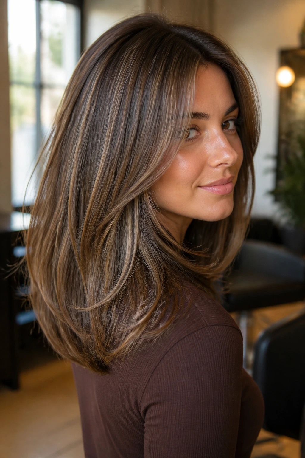 Close-up of a real woman with a U-Shaped Cut with Invisible Layers and babylights in thick hair