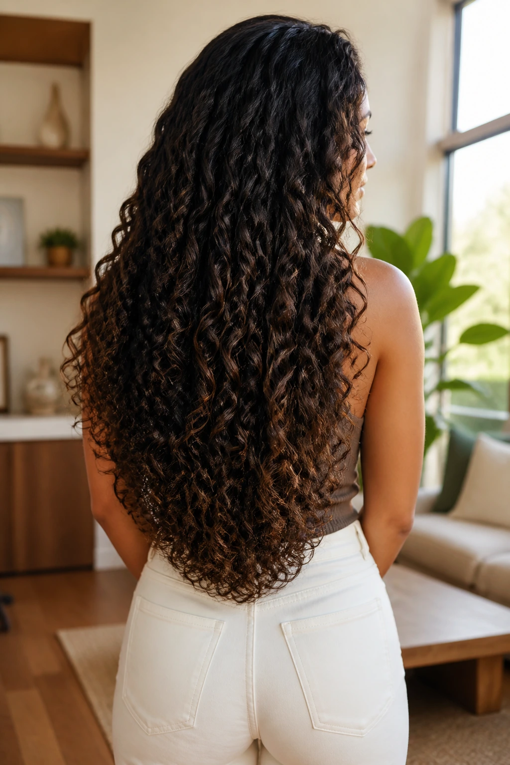 Back view of a real woman with long curly hair showing a soft U-shaped end.