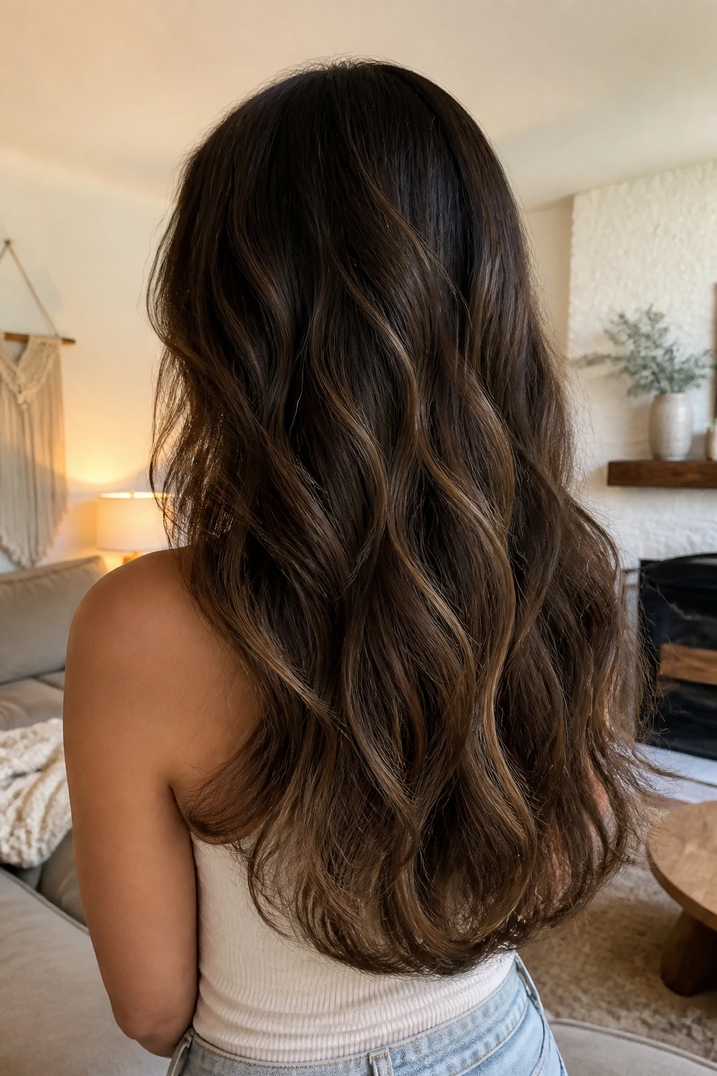 Back view of hair with U-shaped ends and soft waves