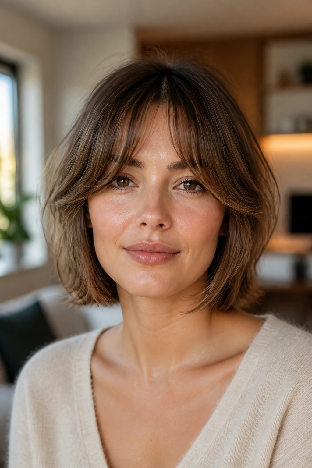 Real woman with a U-shaped open fringe in natural window light