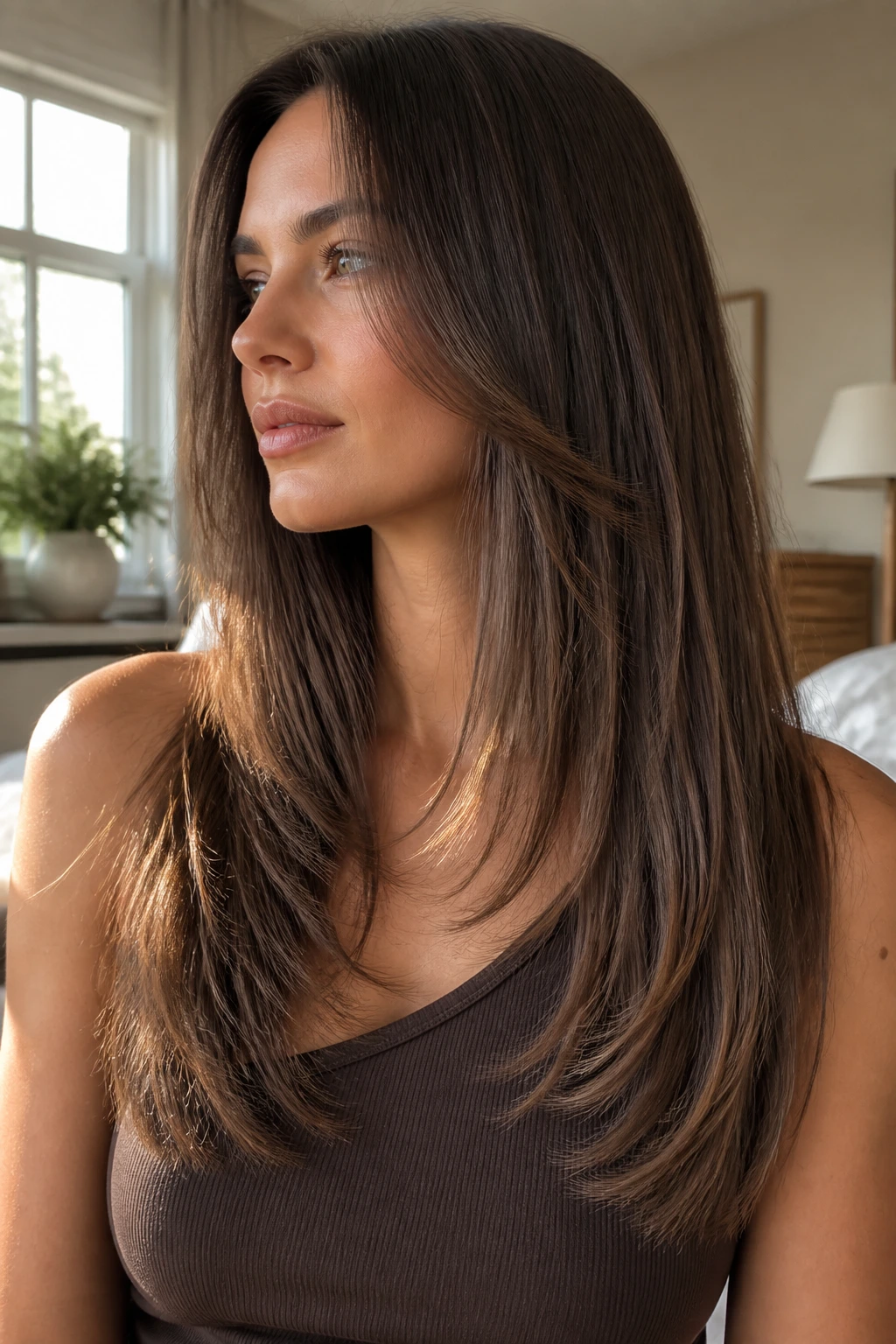 Close-up of a real woman with a U-shaped feathered ends hairstyle.