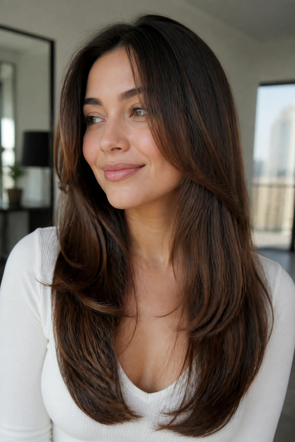 Portrait of a person with a U-shaped cut and hidden internal layers