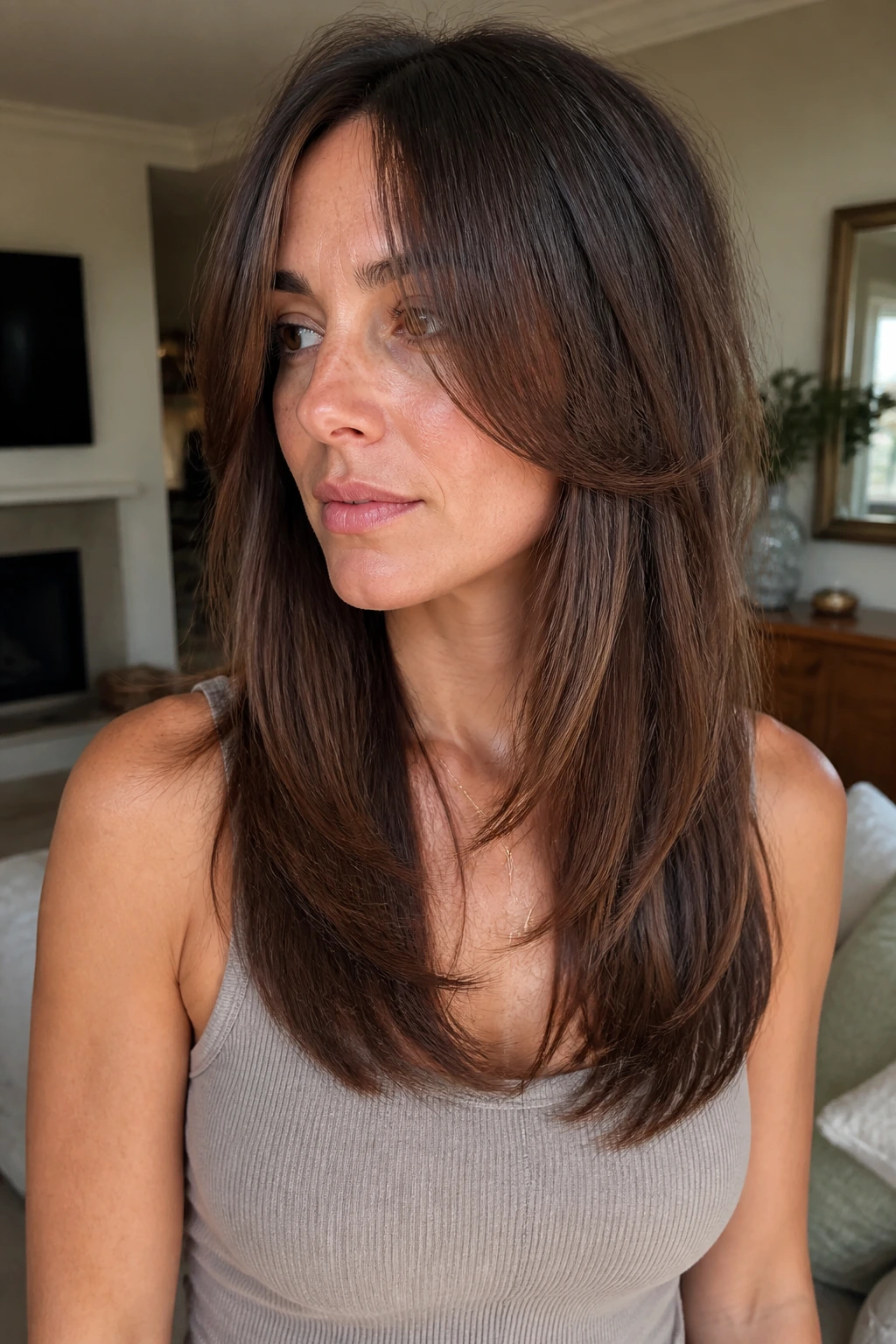 Real woman with U-shaped hem and long front pieces framing her face in natural light