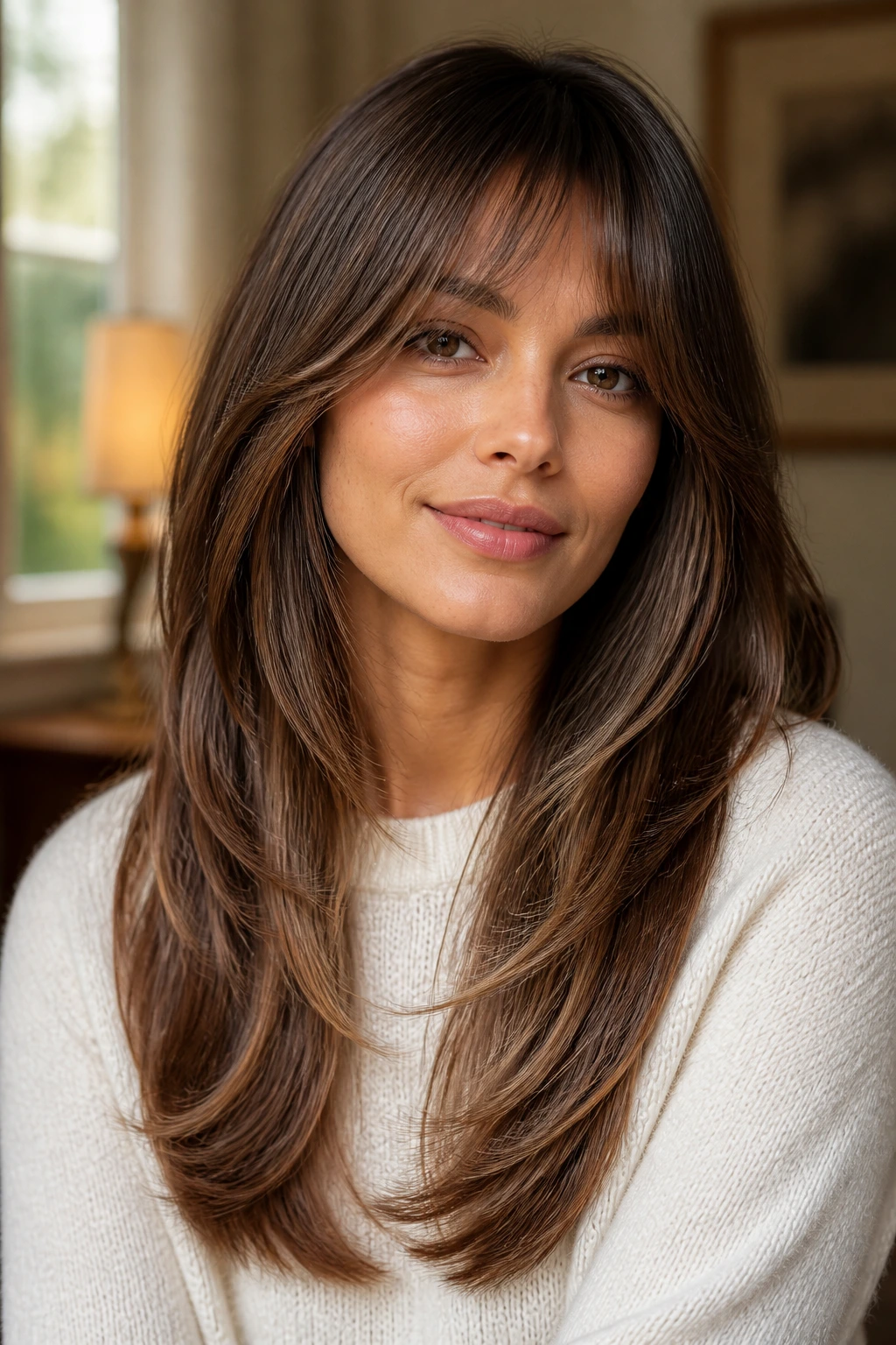 Close-up of a real person with U-shaped layers and airy bangs