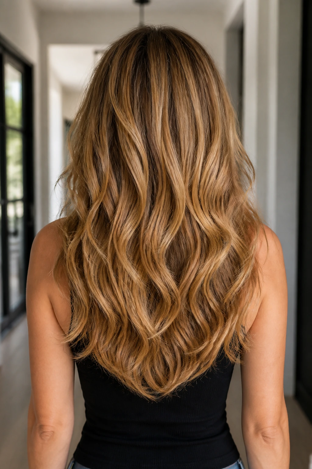 Rear view of a real woman with a U-shaped layered back.