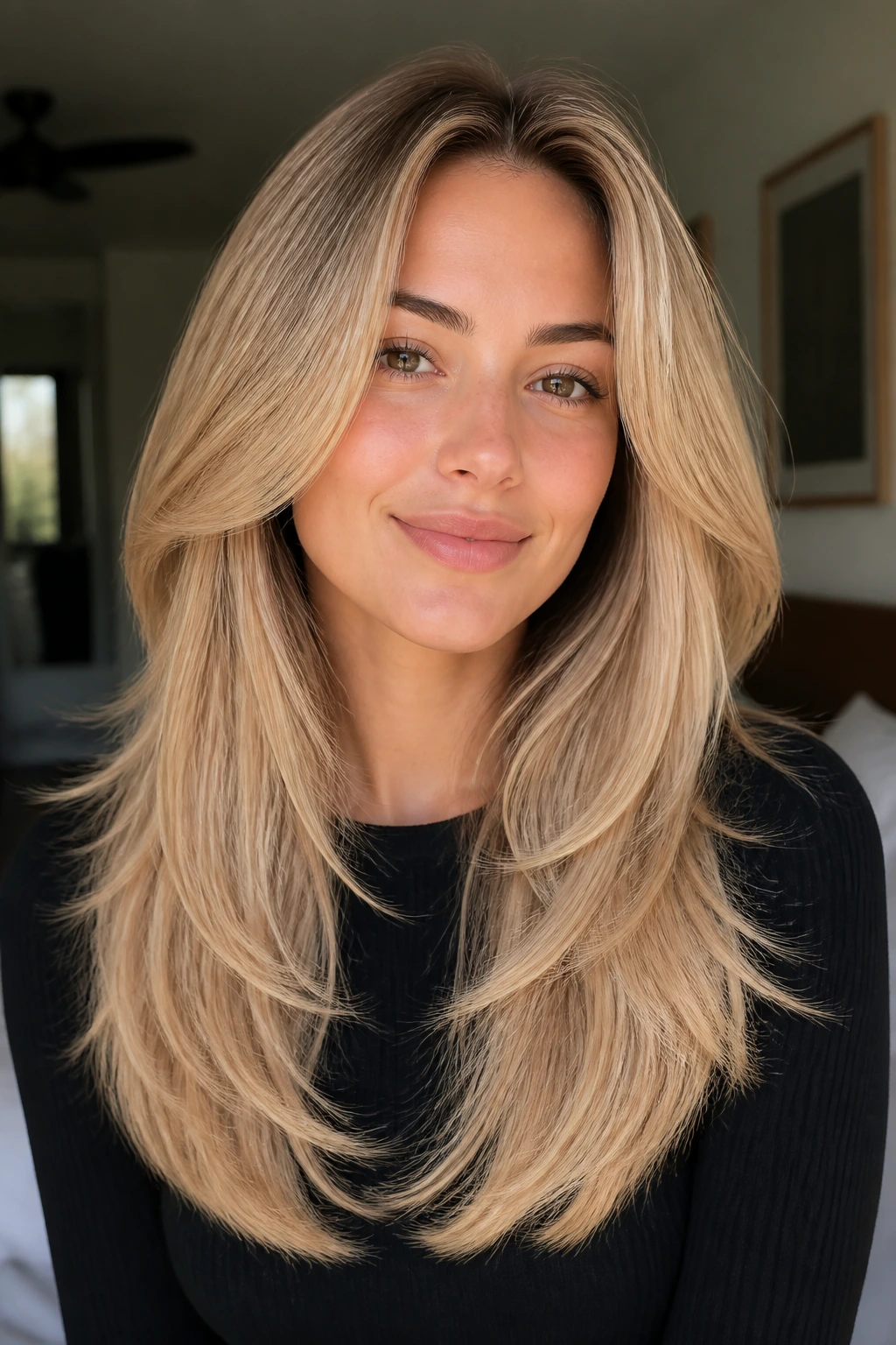 Real woman with long U-shaped beige blonde layers.