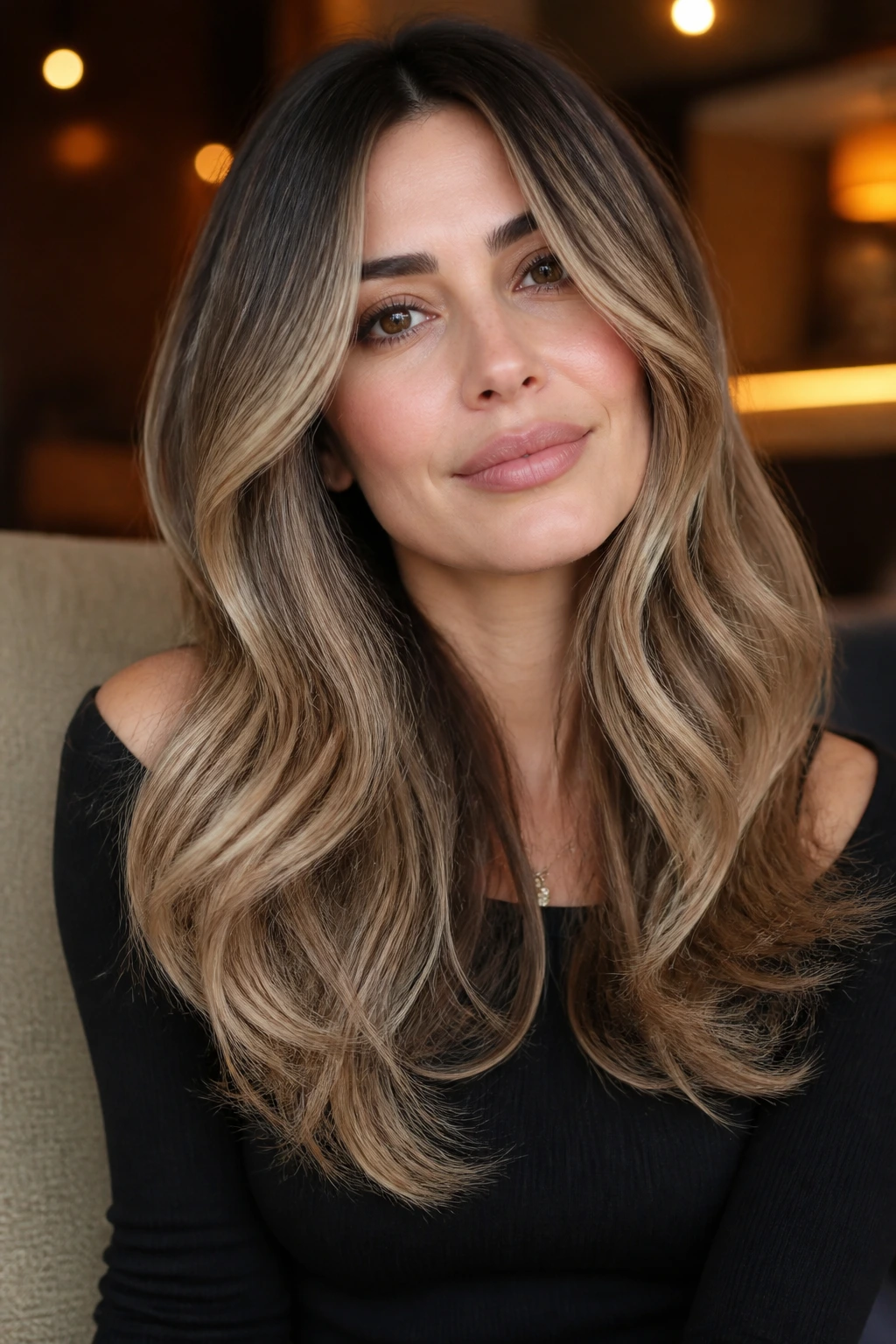 Close-up of a woman with U-shaped long layers and beige blonde ribbons