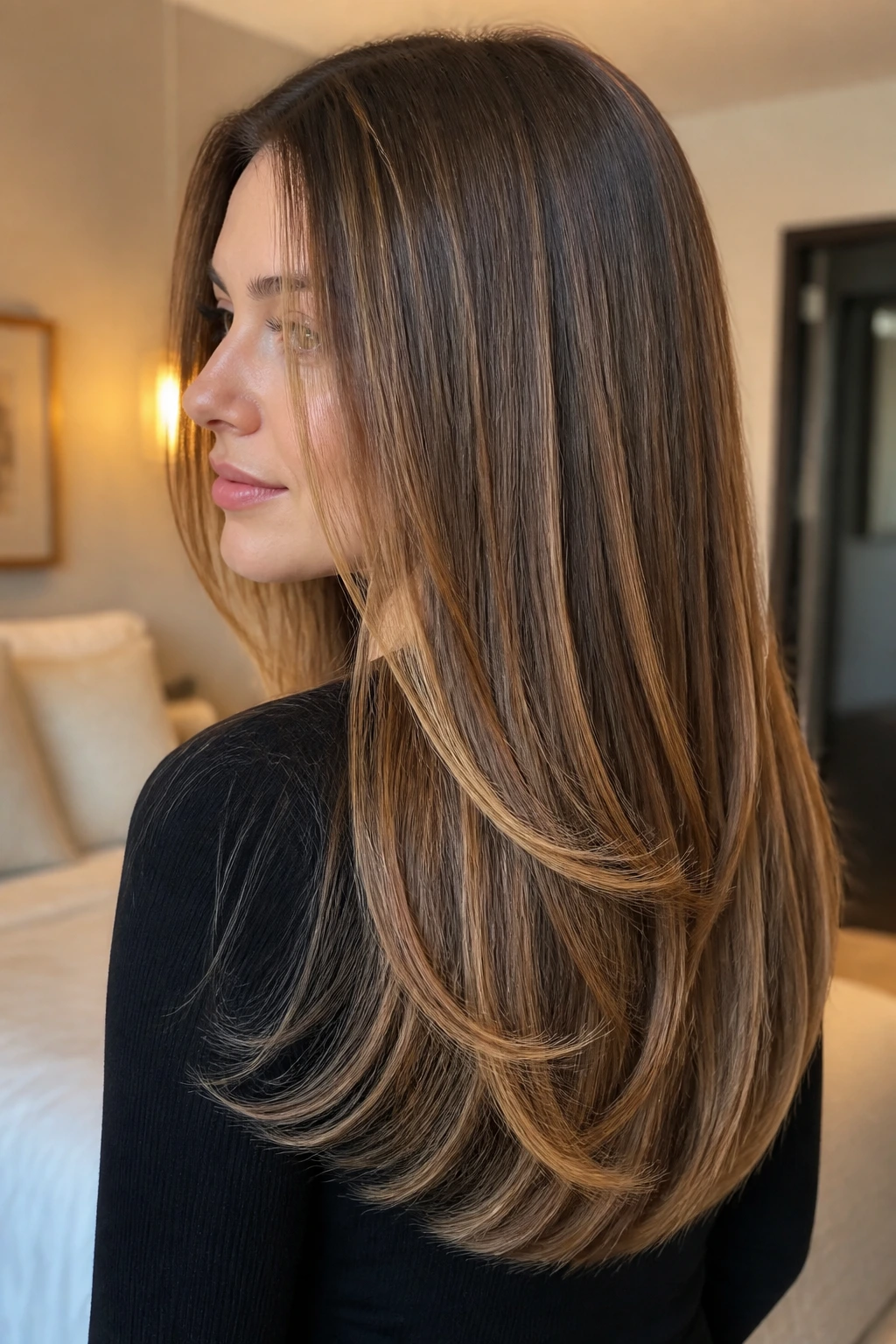 Close-up of U-shaped layers with beveled ends and caramel highlights on a real woman