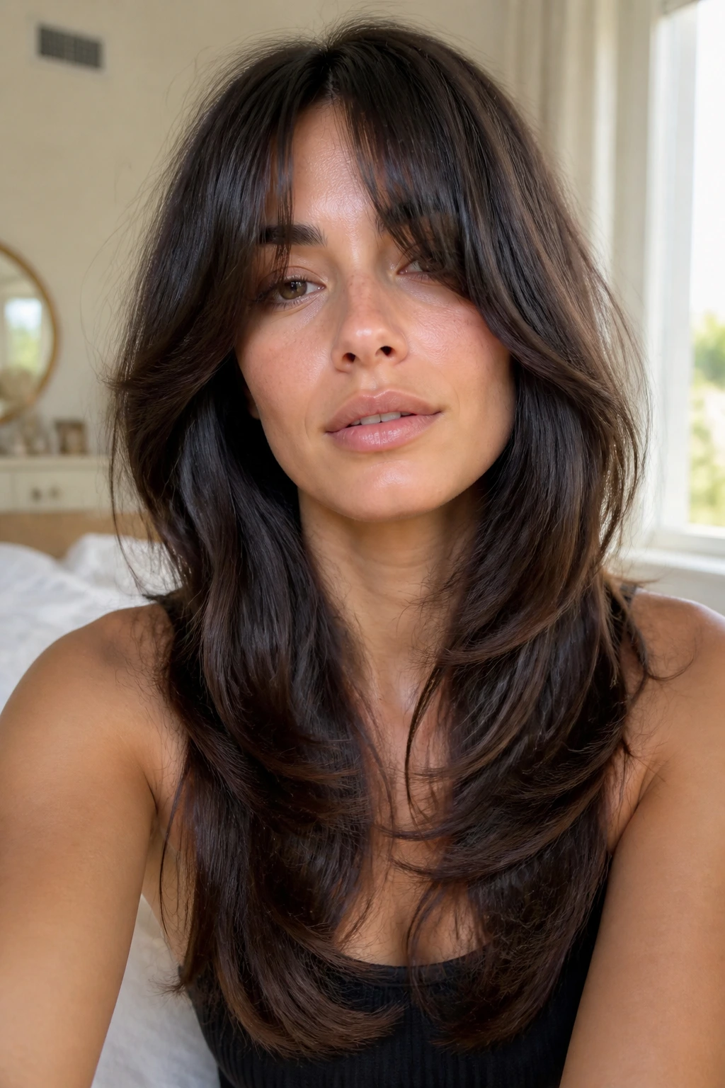 Portrait of a woman with deep U-shaped layers and bottleneck fringe.