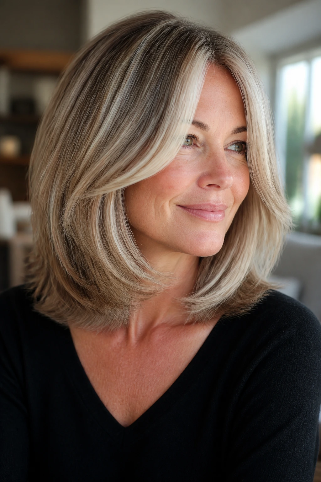 Portrait of a woman with U-shaped layers and a bright face frame in natural lighting.