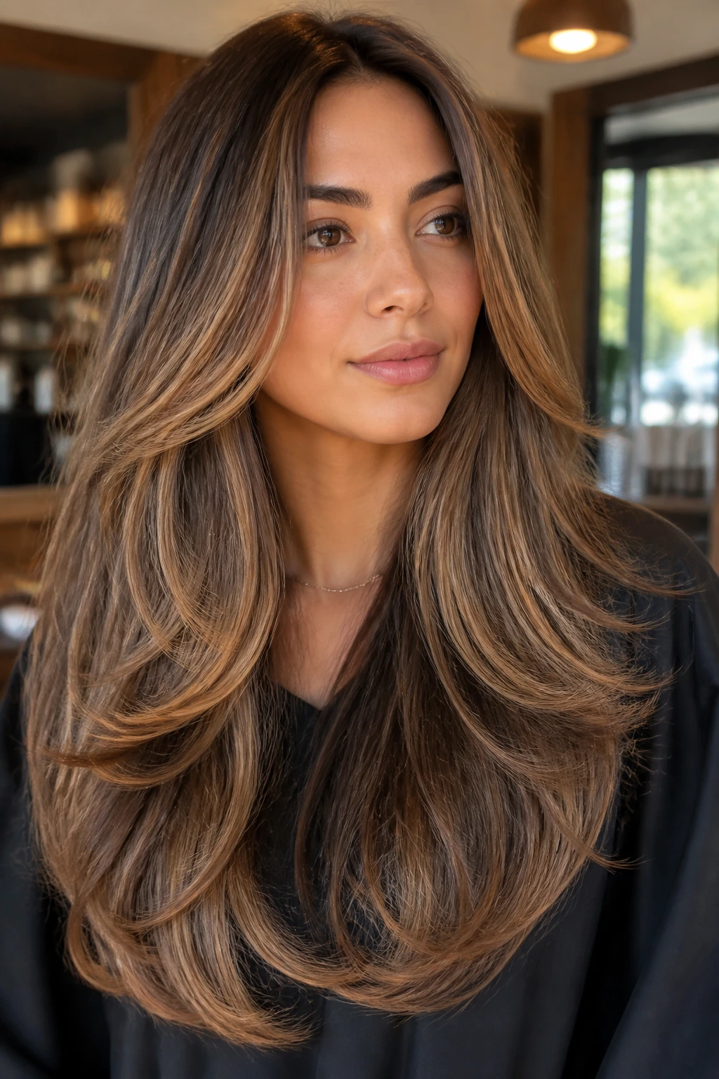 Close-up of a real woman with long thick hair showing U-shaped length layers and a warm caramel veil in a sunlit salon