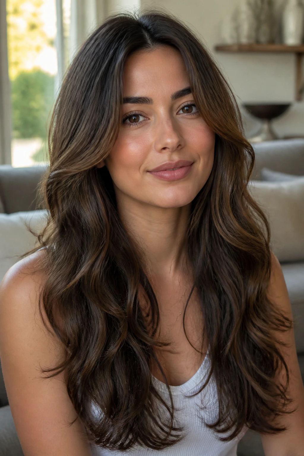 Close-up portrait of a real woman with long U-shaped layered hair and cheekbone-framing pieces
