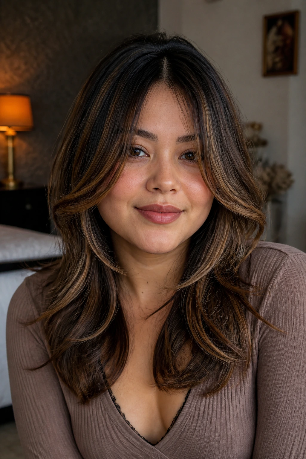 Close-up portrait of a real woman with U-shaped layers and cheekbone ribbons framing the face