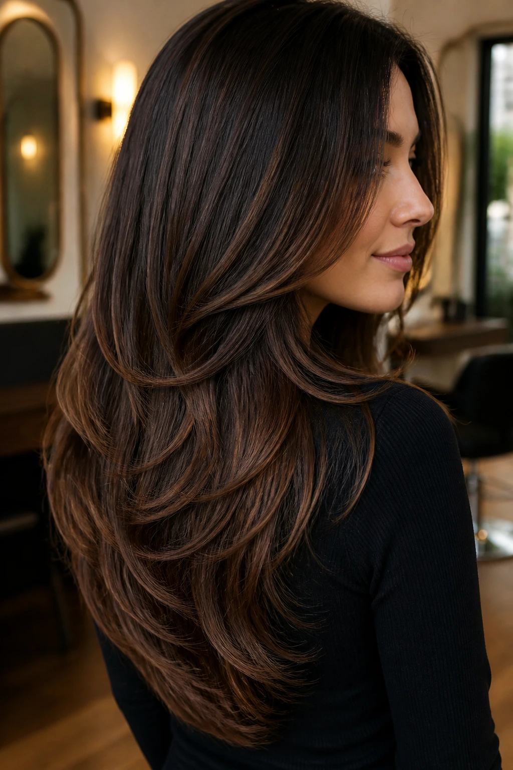 Rear-view close-up of real woman's hair showing U-shaped layers with chestnut lowlights