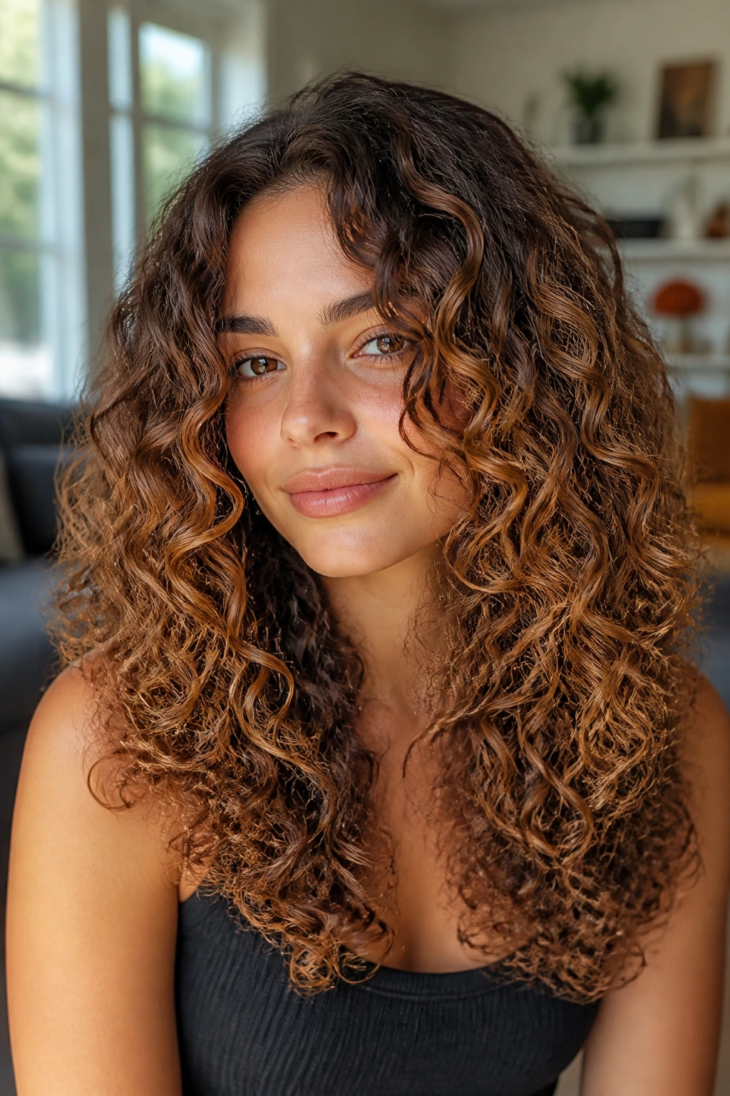Close-up of a real woman with U-shaped layered curls and caramel highlights in warm natural light.