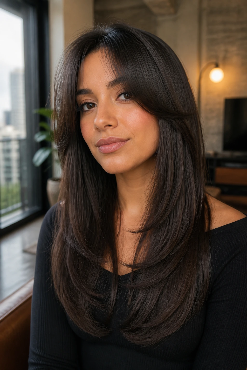 Close-up of a real person with deep U-shaped layers for dense hair under natural window light
