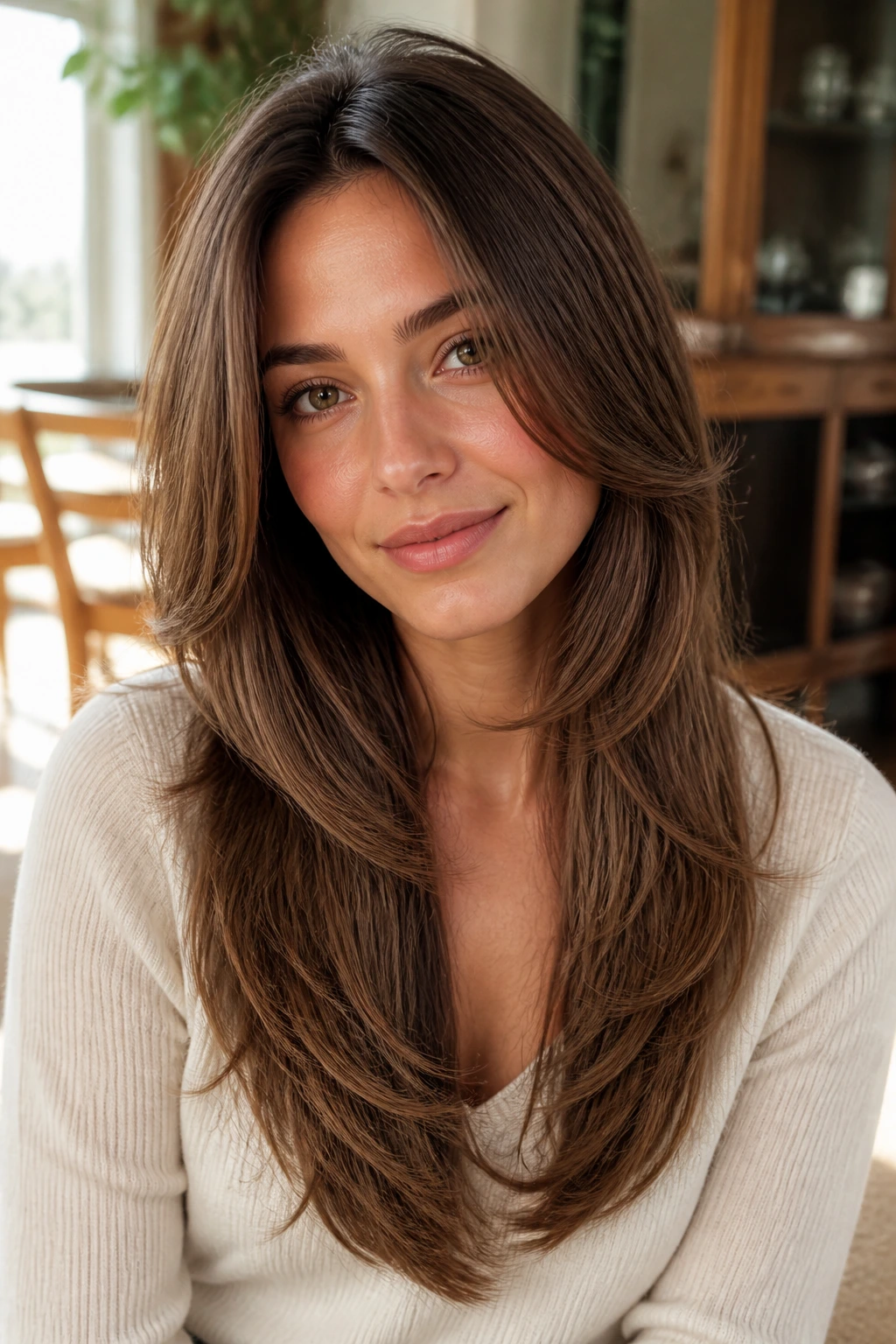 Close-up portrait of a real woman with U-shaped long layers and soft feathered perimeter