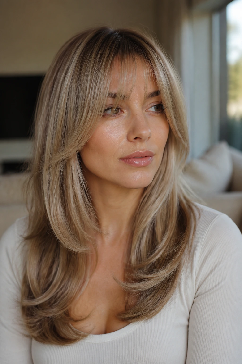 Close-up of a real woman with U-Shaped Layers and Blended Fringe, babylights.