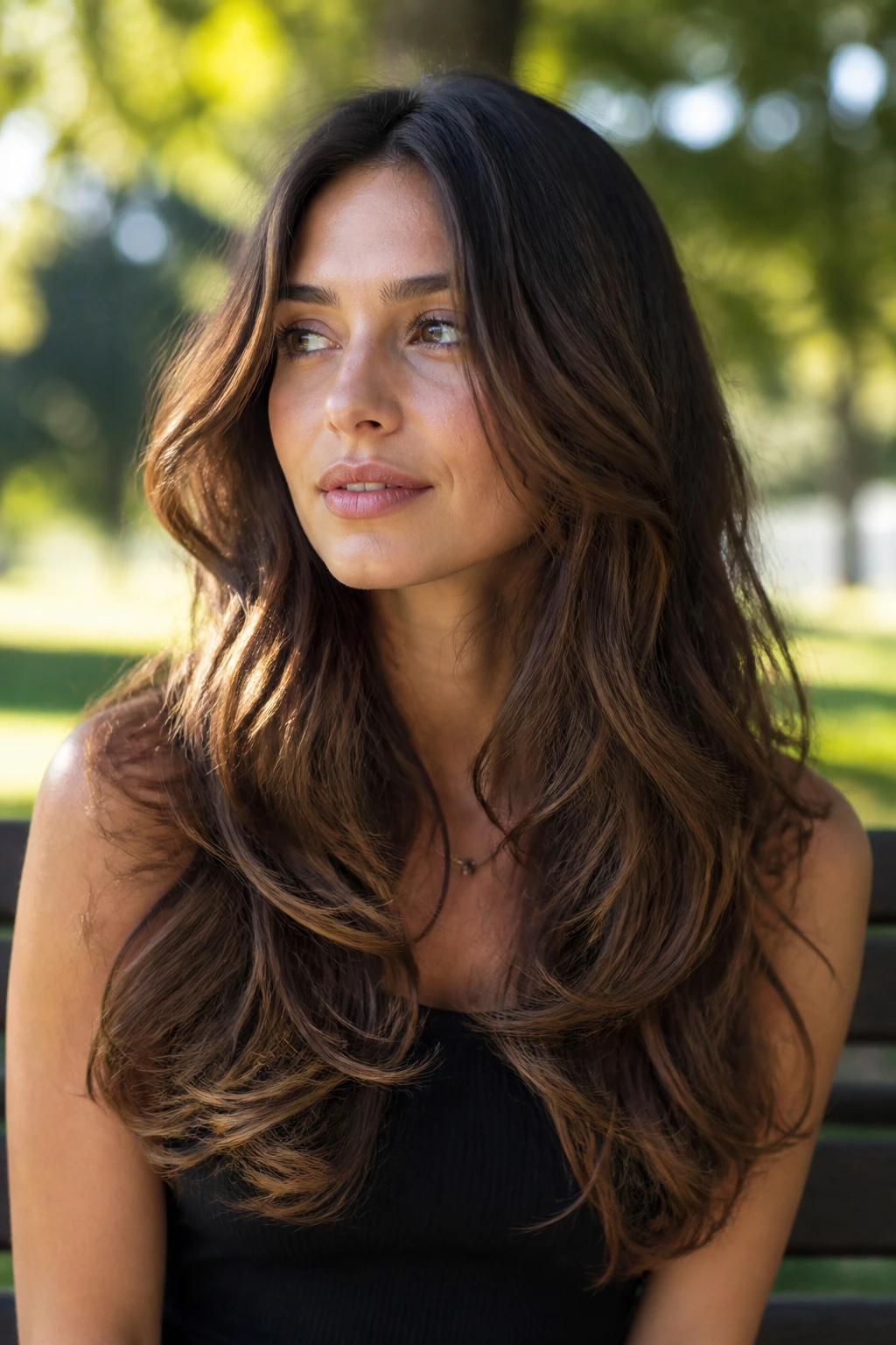 Close-up portrait of a real woman with long wavy hair showing soft U-shaped layers.
