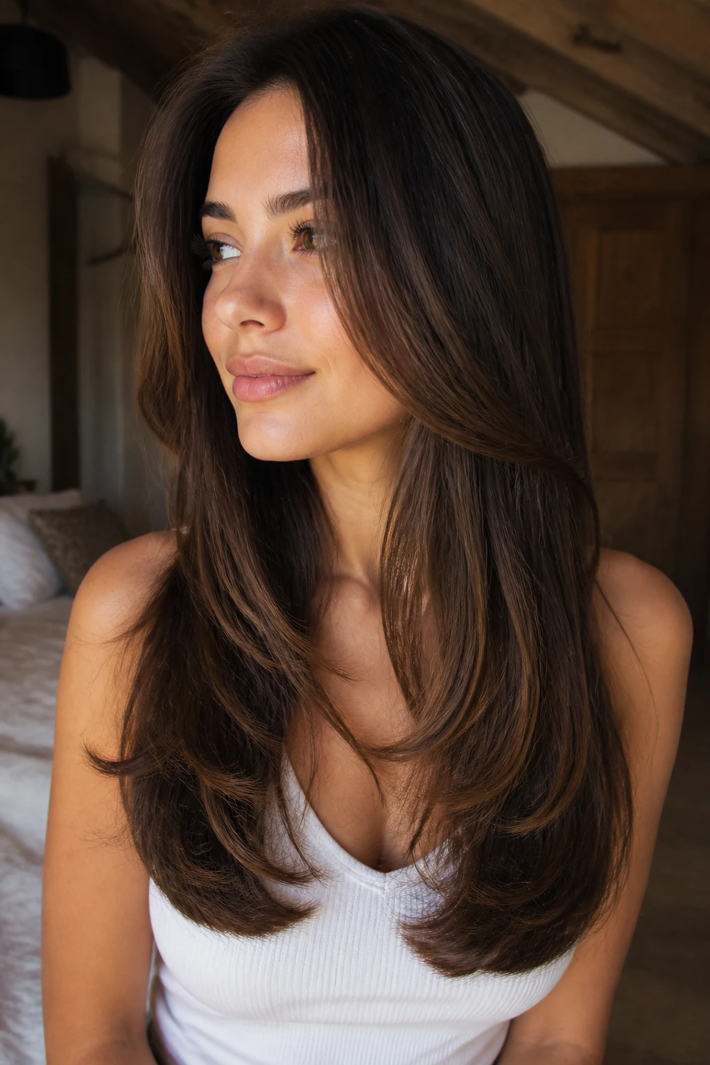 Close-up portrait of a real woman with U-shaped layers and rounded hem on long hair.