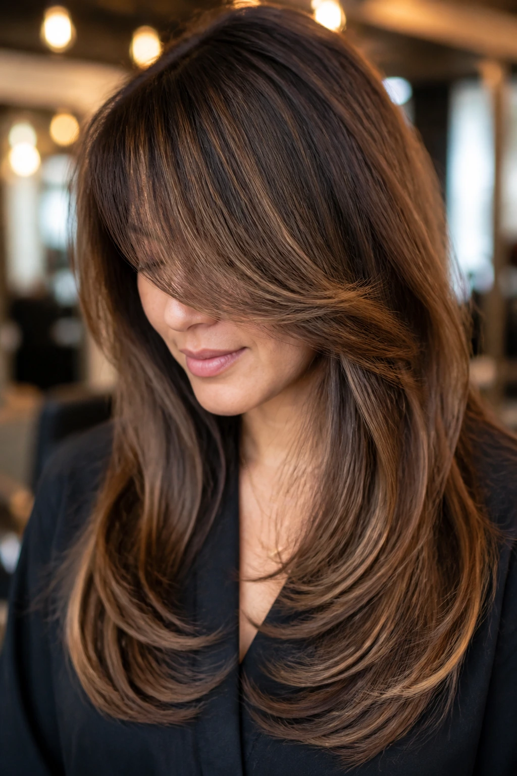 Real-person portrait with U-shaped layers and mocha lowlights.